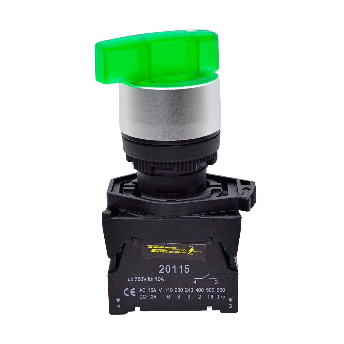 BKJ2365 - SELECTOR 2 POS.1NA/1NC 22mm LED VERDE CAPACIDAD DE CONTACTOS MANETA LARGA CA110-660/15A, CD110/6A *NO SON A PRUEBA DE EXPLOSION*