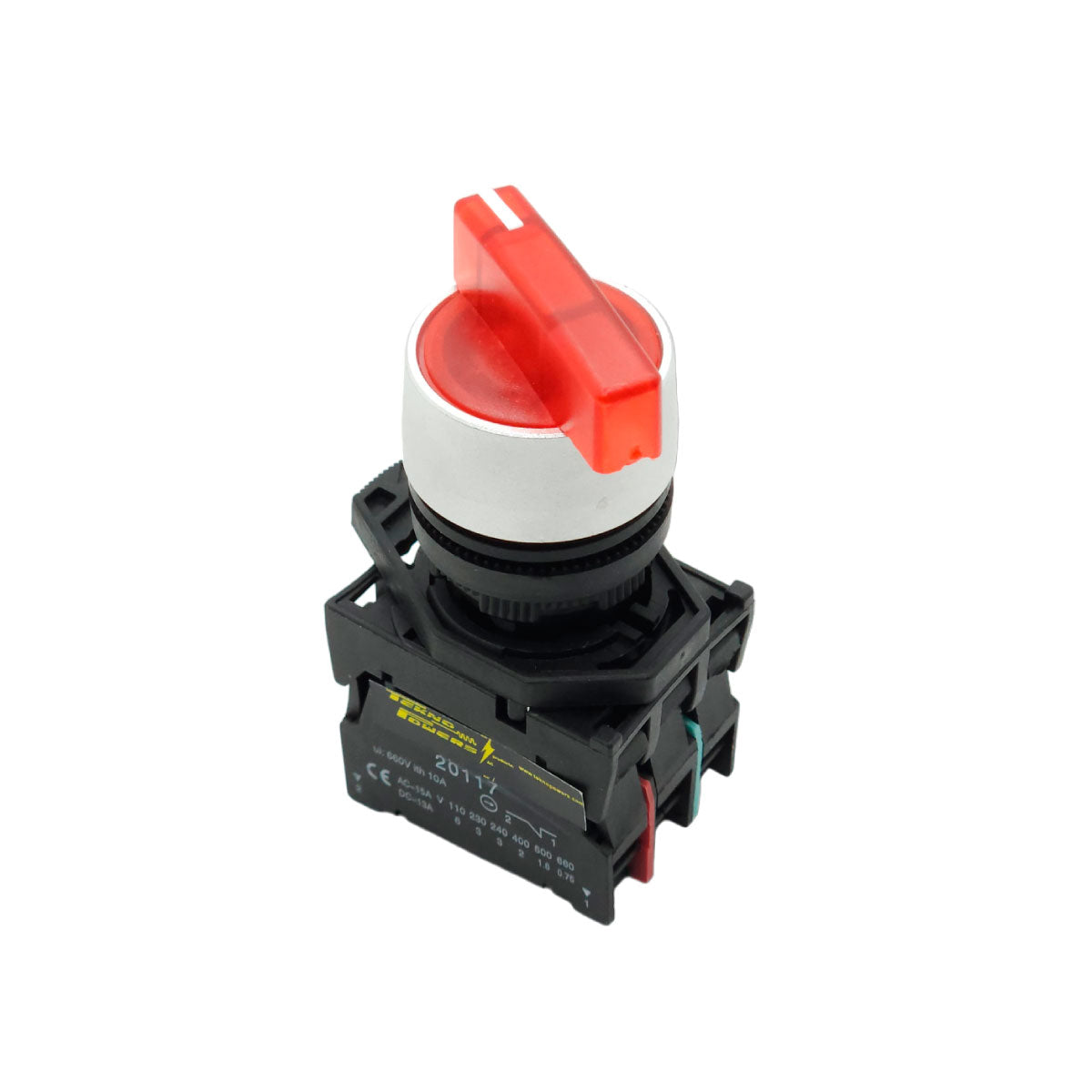 BKJ2465 — SELECTOR 2 POS.1NA/1NC 22mm LED ROJO CAPACIDAD DE CONTACTOS MANETA LARGA CA110-660/15A, CD110/6A *NO SON A PRUEBA DE EXPLOSION*