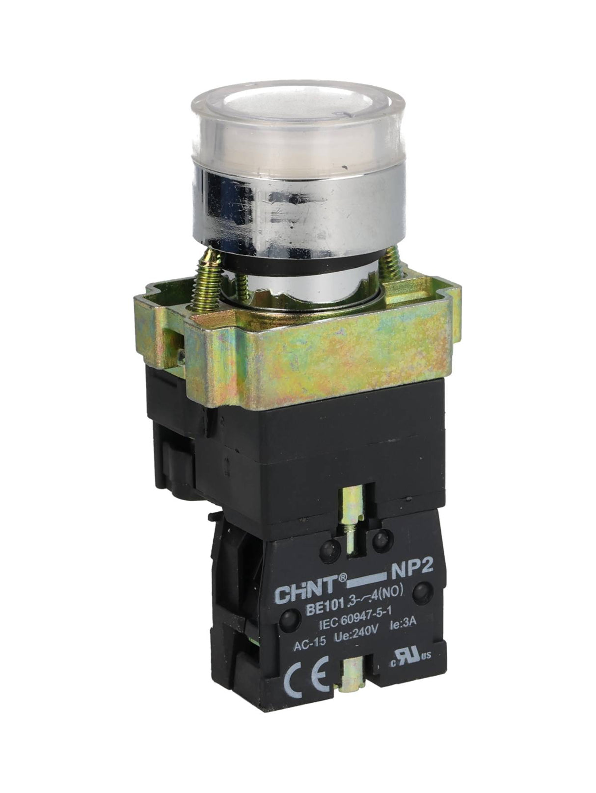 NP2-BW3161W — PULSADOR METALICO 2 TORNILLOS UL LED BLANCO, NA 230V BASE METALICA ¿22mm *NO SON A PRUEBA DE EXPLOSION*