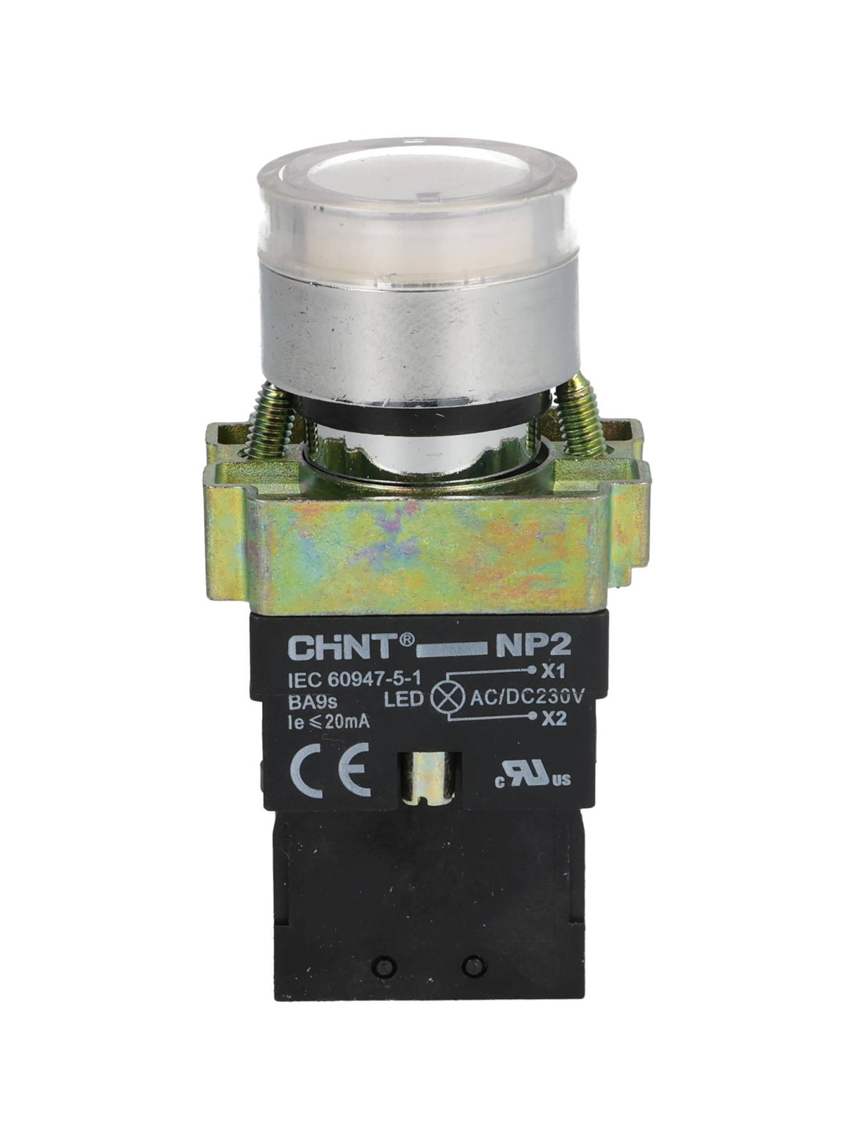 NP2-BW3161W — PULSADOR METALICO 2 TORNILLOS UL LED BLANCO, NA 230V BASE METALICA ¿22mm *NO SON A PRUEBA DE EXPLOSION*