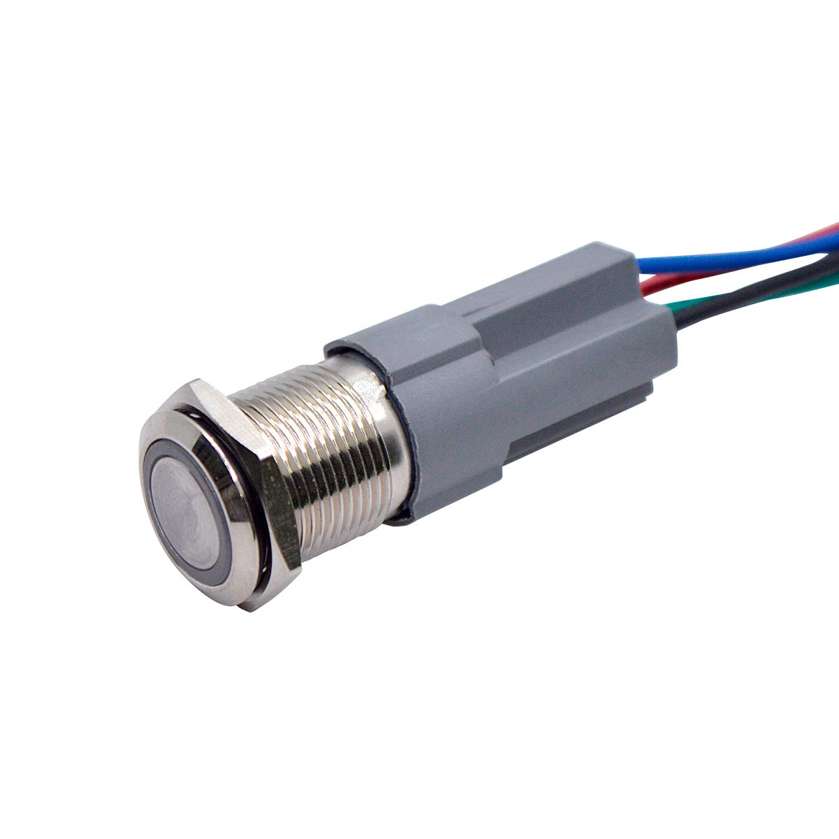 TP-MM16-RR12-24 Ñ INTERRUPTOR METçLICO 16MM 12-24VCD MOMENTçNEO C/ANILLO ILUMINADO Y CONECTOR