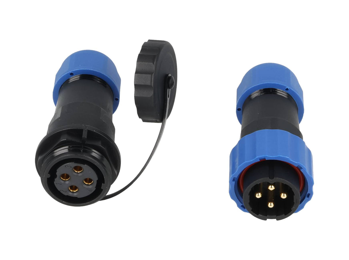 TP-SP20-S4P — CONECTORES EXTENSION/RECTO (PAR) 4PIN, IMPERMEABLES IP68, 25A/250VCA, DIAMETRO DE BARRENO 20mm, PIN COBRE CHAPEADO EN DORADO/PLATEADO