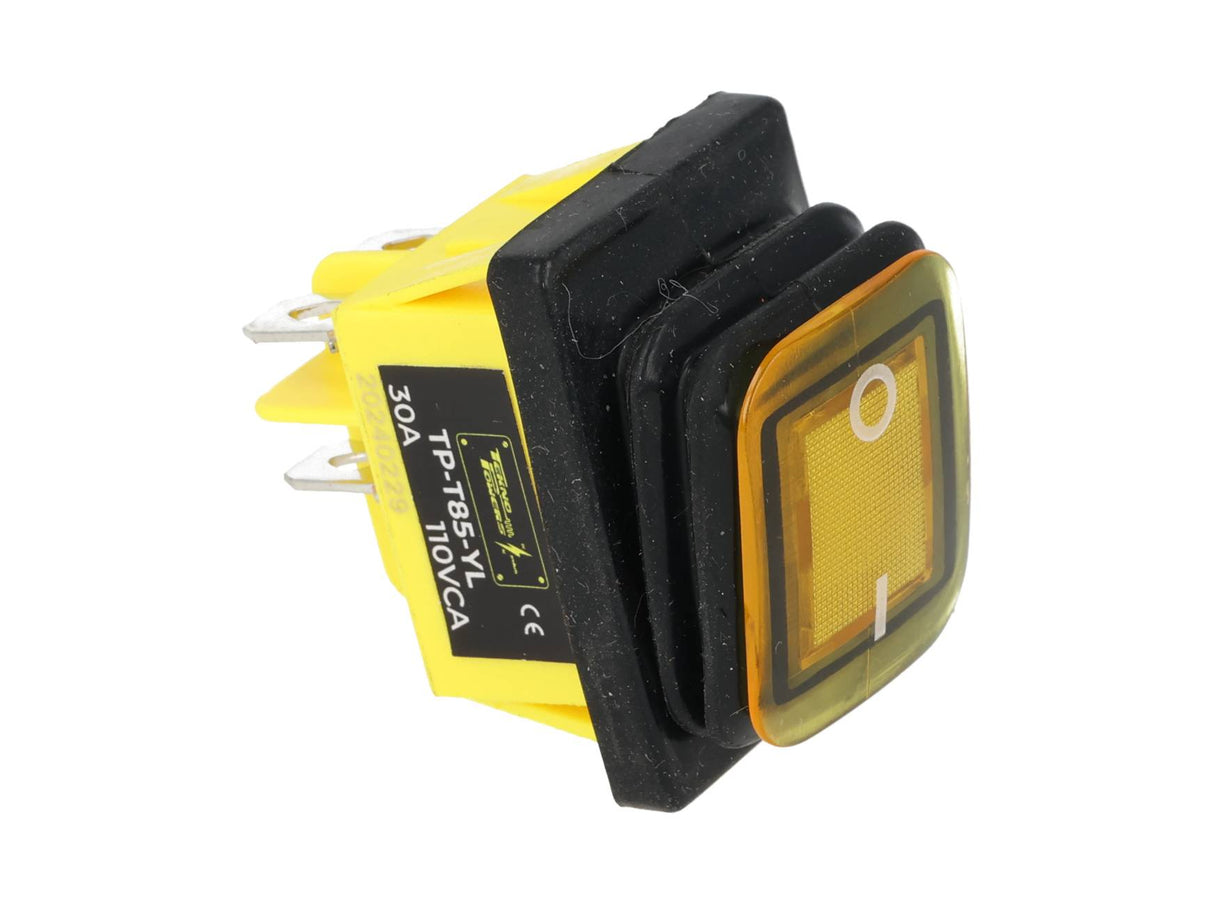 TP-T85-YL — SWITCH ILUMINADO AMARILLO 2P1T LED, 110VCA, 30A/250VCA, IP67, SELLADO, 30X22mm