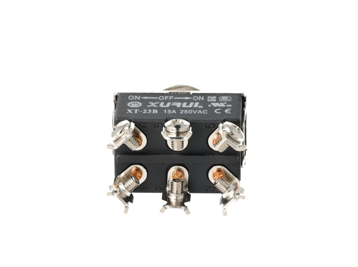 XT-23B — INTERRUPTORES DE PALANCA 6 TORNILLOS Posiciones: ON-OFF-ON Capacidad: 20/15A 125/277VAC