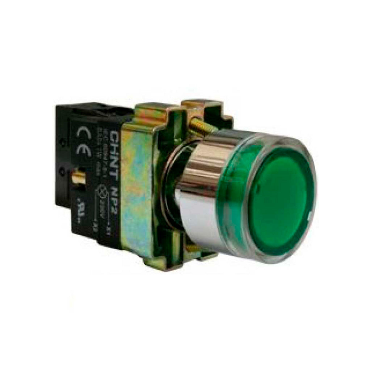NP2-BW3462G — PULSADOR METALICO 2 TORNILLOS UL LED VERDE, NA 230V BASE METALICA ¿22mm IP40 *NO SON A PRUEBA DE EXPLOSION*