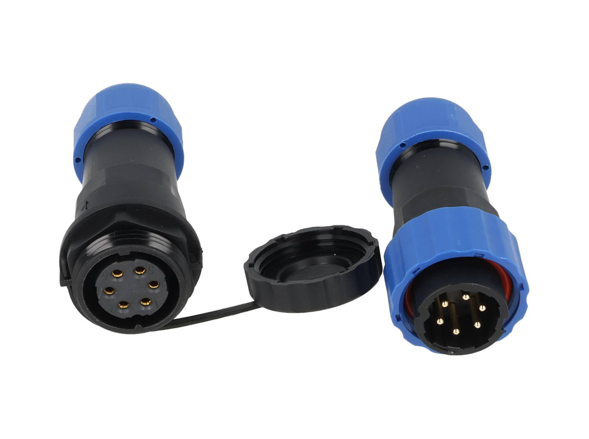 TP-SP20-S6P — CONECTORES EXTENSION/RECTO (PAR) 6PIN, IMPERMEABLES IP68, 10A/250VCA, DIAMETRO DE BARRENO 20mm, PIN COBRE CHAPEADO EN DORADO/PLATEADO