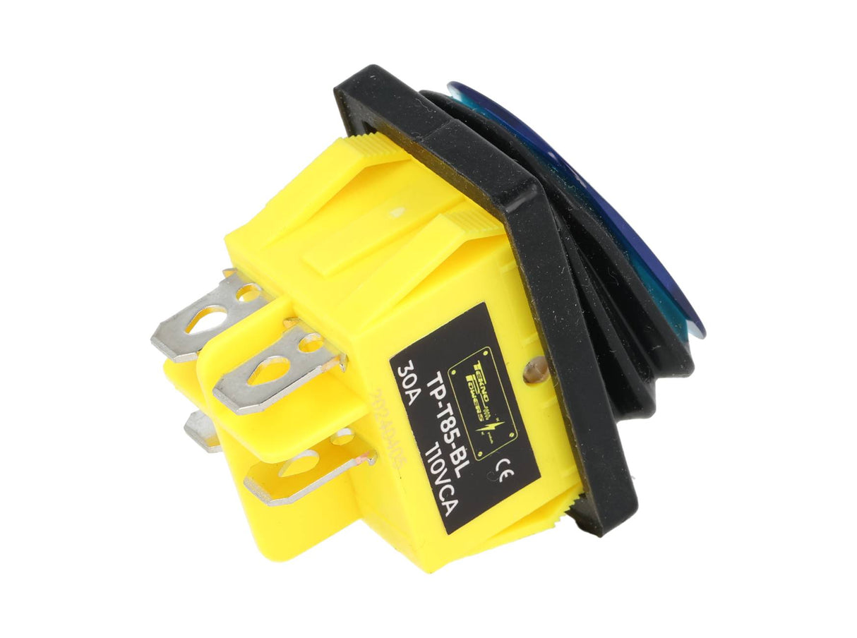 TP-T85-BL — SWITCH ILUMINADO AZUL 2P1T LED, 110VCA, 30A/250VCA, IP67, SELLADO, 30X22mm
