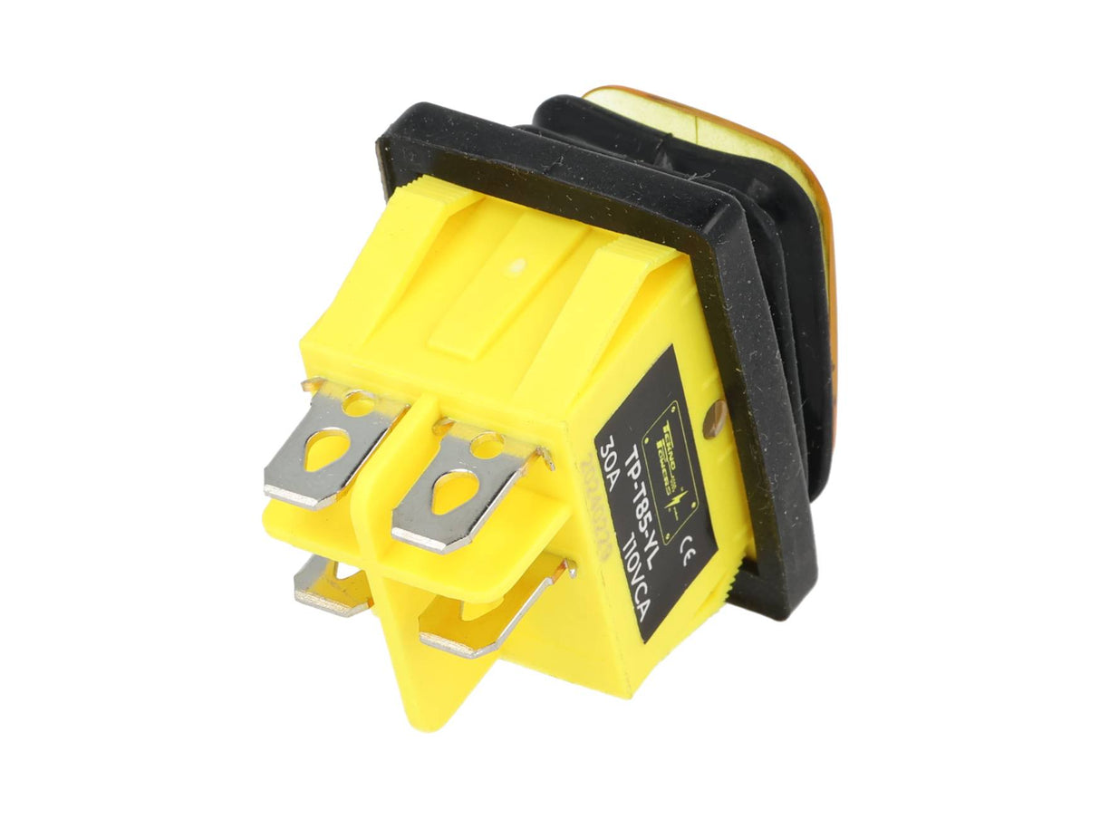 TP-T85-YL — SWITCH ILUMINADO AMARILLO 2P1T LED, 110VCA, 30A/250VCA, IP67, SELLADO, 30X22mm