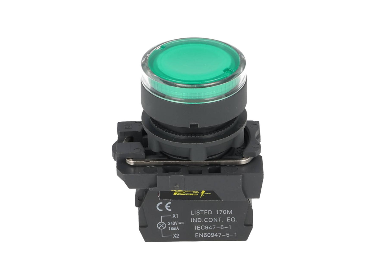 TP-XB5-LG — BOTON PULSADOR PLASTICO CON LED VERDE NA22mm 220/240VCA *NO SON A PRUEBA DE EXPLOSION*