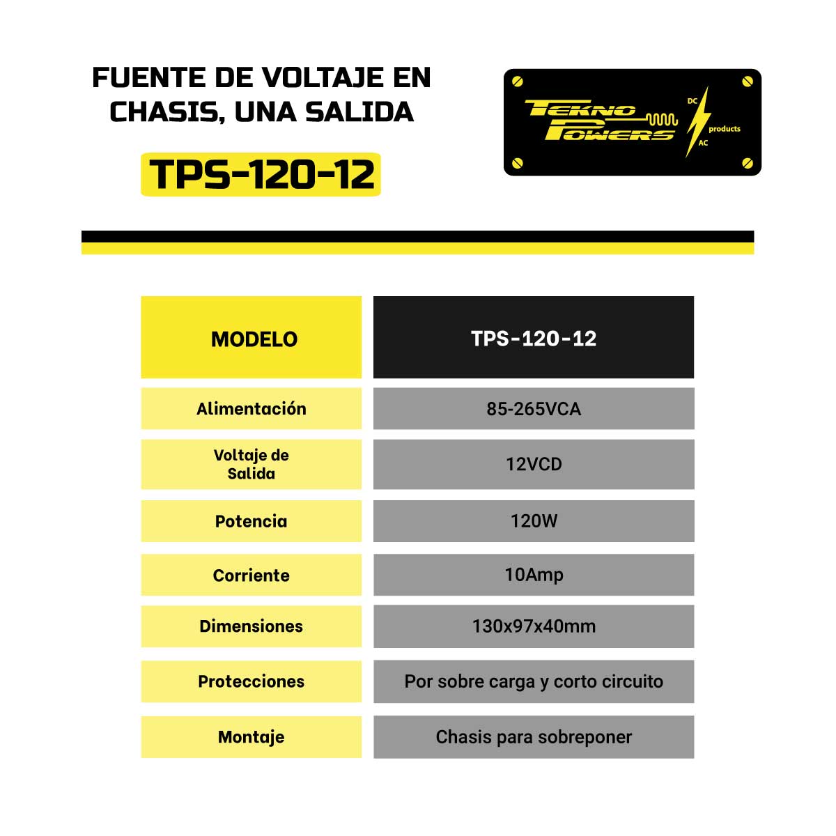TPS-120-12 — FUENTE DE VOLTAJE 12V/10AMP 120W 85-265VCA, 162X98X44mm