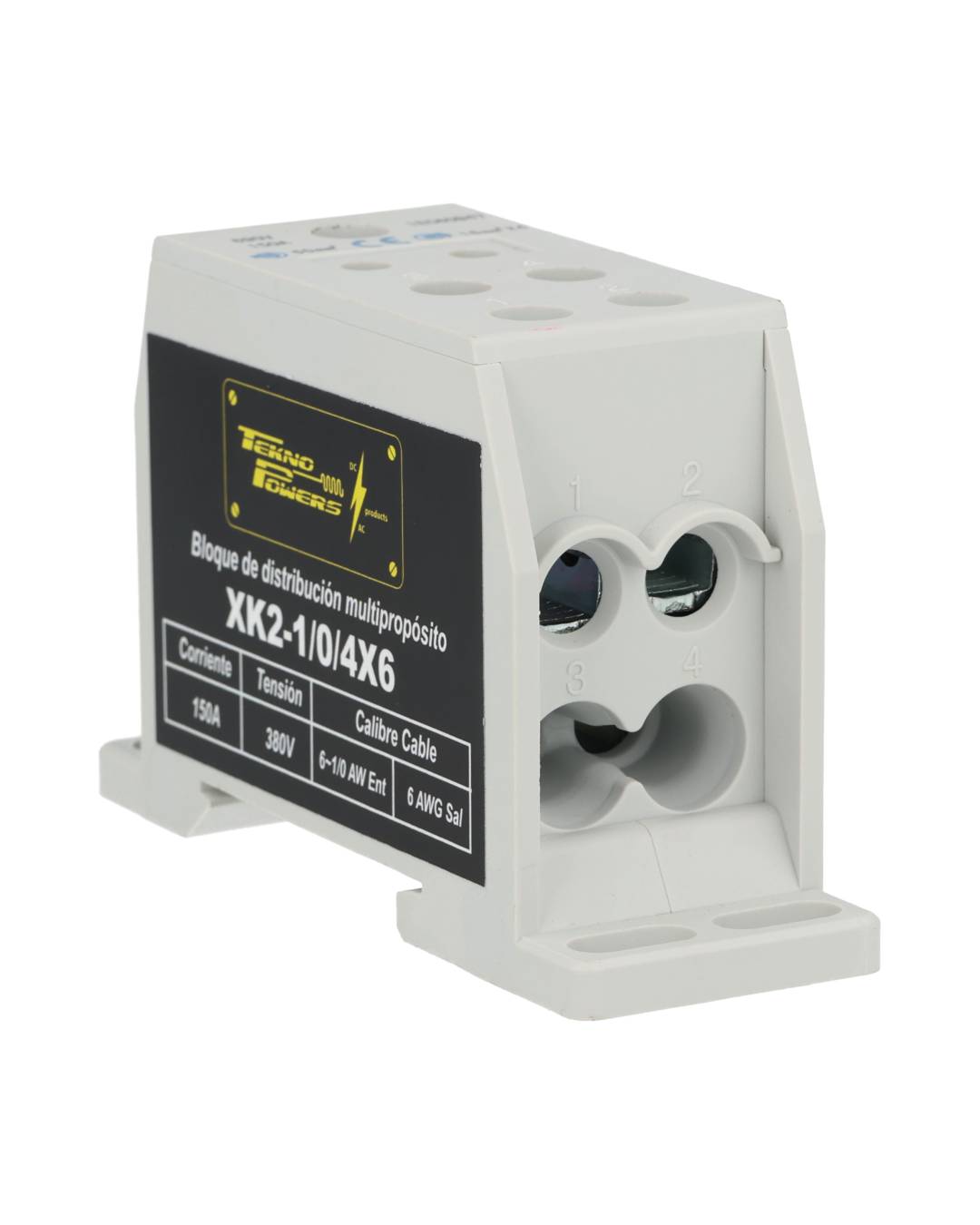 XK2-1/0/4X6 — BLOQUE DE DISTRIBUCION MULTIPROPOSITO 150A MAX.4 CONDUCTORES, CALIBRE 6 AWG