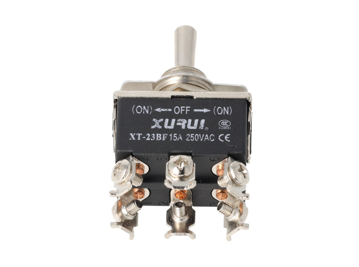 XT-23BF — INTERRUPTORES DE PALANCA 6 TORNILLOS Posiciones: PULS-OFF-PULS Capacidad: 20/15A 125/277VAC